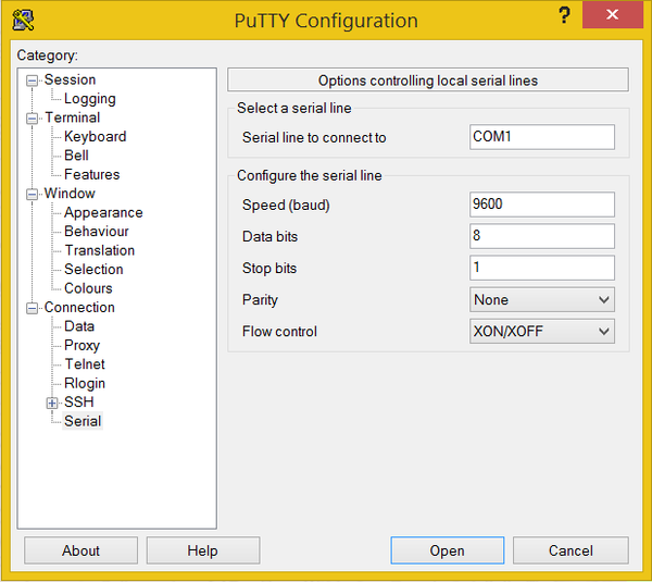 PuTTY Serial Line Konfiguration