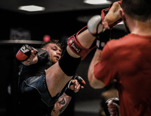 2 Men Practicing Kickboxing in Octagon