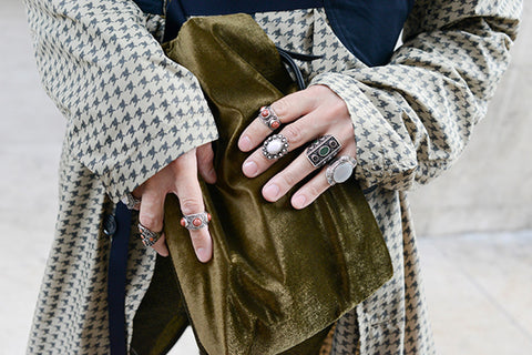 Women Holding Bag Wearing Pearl Maximalist Jewelry Rings