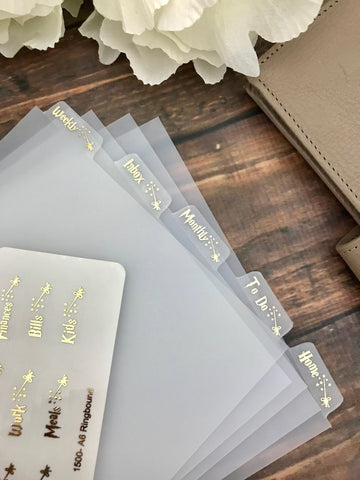 A6 Vellum/Matte Clear Cash envelopes with custom divider tabs and vinyl  labels