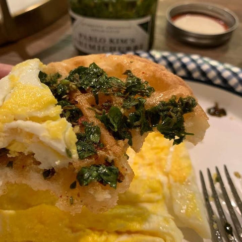 eggs and waffles with chimichurri