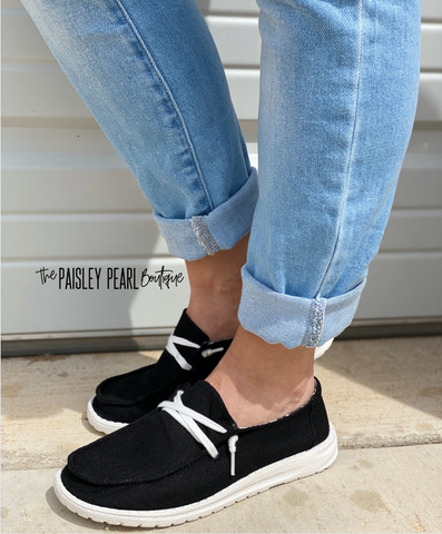 black canvas boat shoes