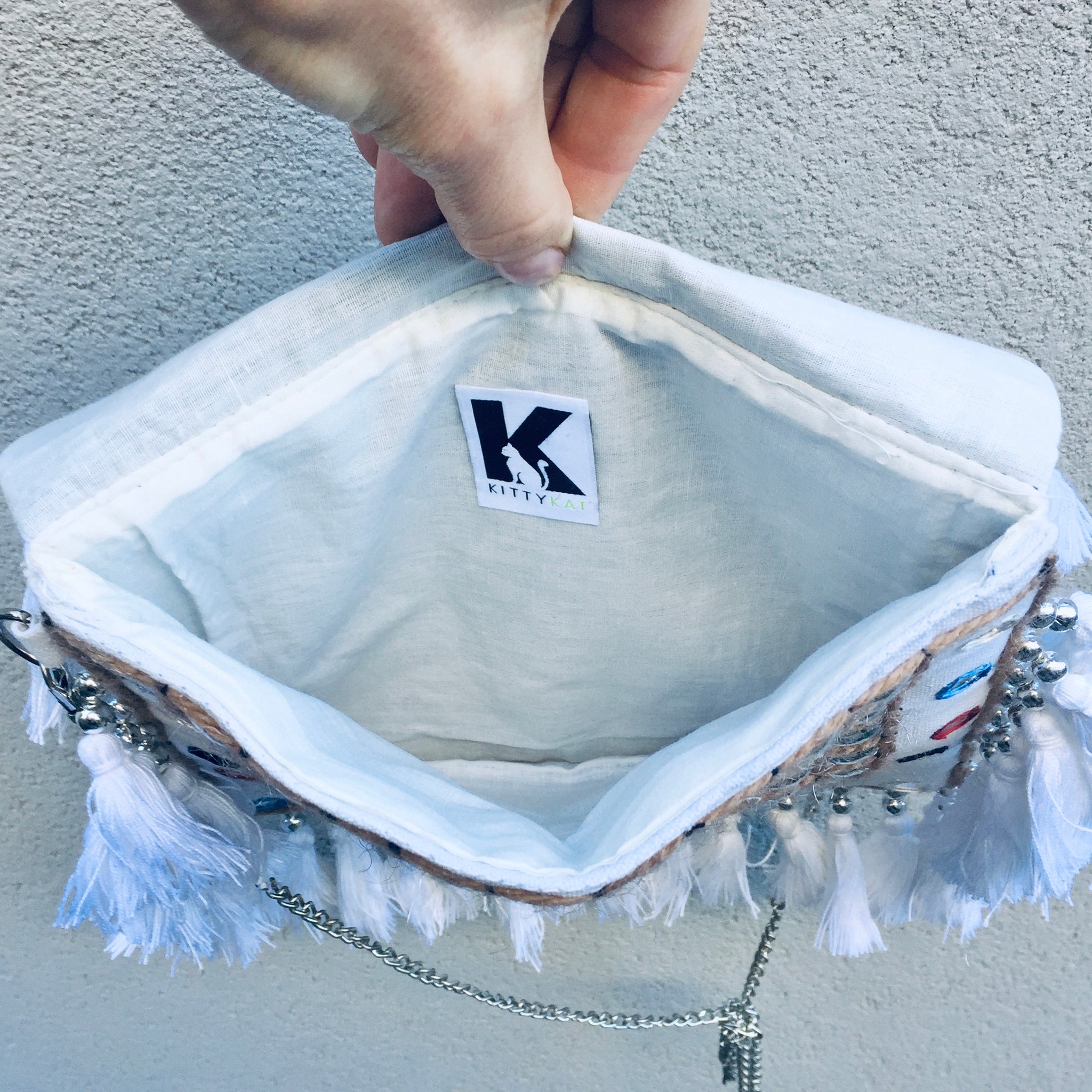 Jayne Bohemian White Fringed Festival Clutch Bag | KITTY KAT