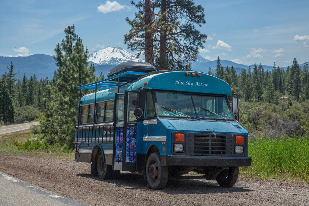 Blue Bus Adventure - Exterior Blue Sky Action 2