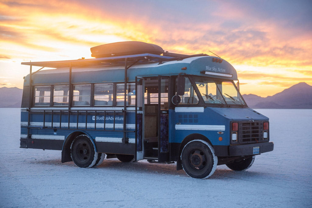 Blue Bus Adventure - Exterior with Sunset