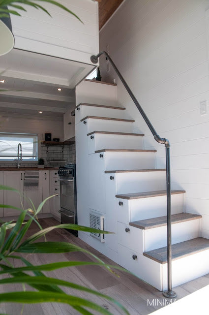 Eucalyptus Tiny Home on Wheels by Minimaliste Tiny Houses - Storage Stairs