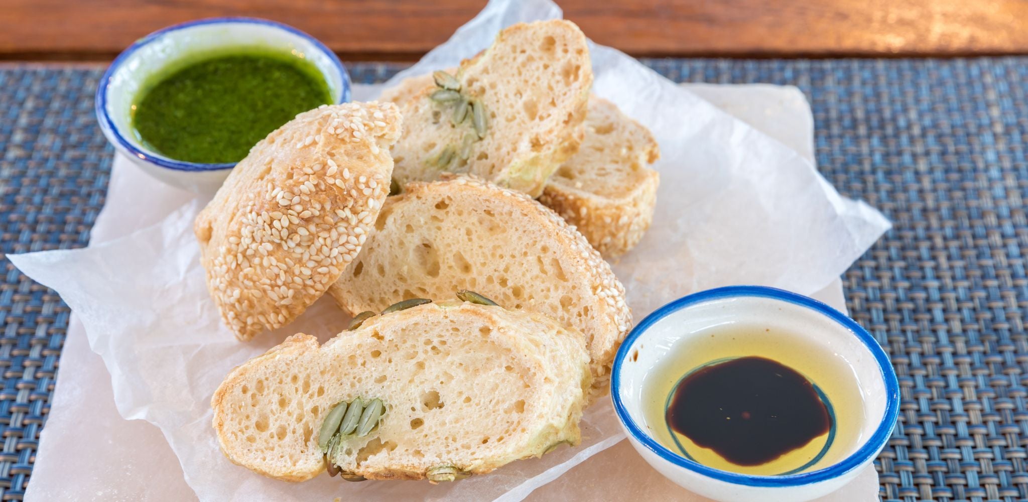 bread with pesto, and extra virgin olive oil and balsamic vinegar dip