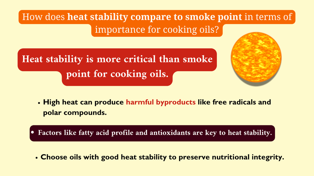 How does heat stability compare to smoke point in terms of importance for cooking oils?
