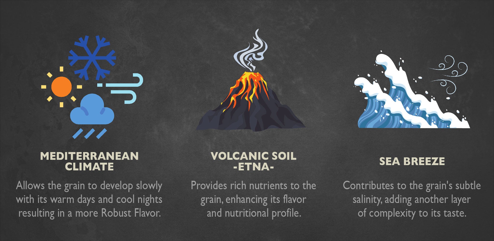 Volcanic Soil, Mediterranean Climate & Sea Breeze - all factors that provide nutrients to Ancient Grain Pasta