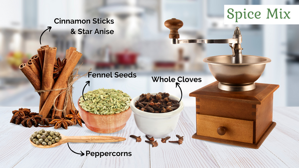 Spice Mix Ingredients: star anise, fennel seeds, peppercorns, whole cloves and cinnamon sticks