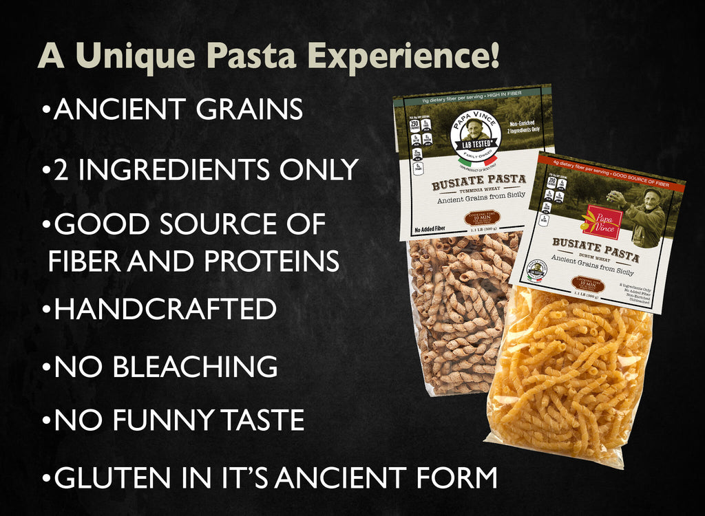 Promotional image highlighting handcrafted ancient grain pasta, made with two ingredients, rich in fiber and protein, unbleached, with gluten in it's ancient form