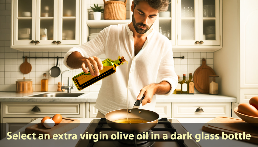 italian-getting-ready-to-fry-with-olive-oil  - Italian in the kitchen, carefully pouring olive oil from an amber glass container into a heated frying pan on the stove