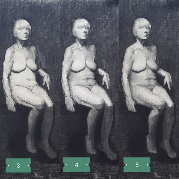 life model drawing long pose sitting female 3 step shapes