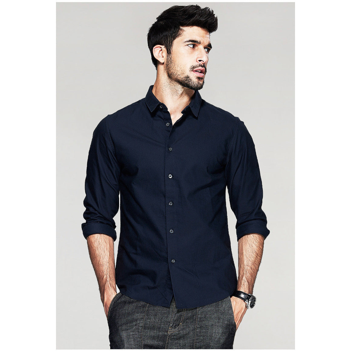 dark blue shirt with dark blue jeans