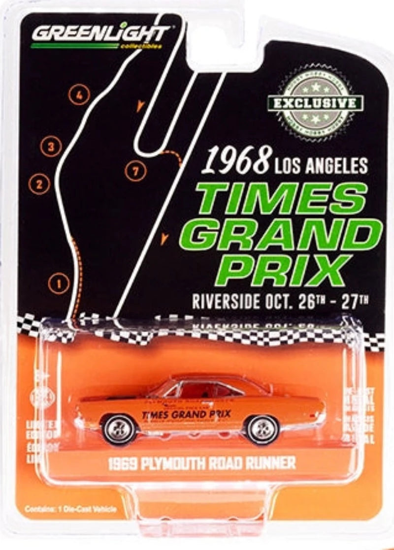 1969 Plymouth Road Runner Orange w/ Black Stripes Official Pace Car "1968 LA Times Grand Prix" "Hobby Exclusive" 1/64 Diecast Car by Greenlight