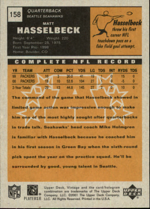2001 Upper Deck Vintage #158 Matt Hasselbeck - Football Card