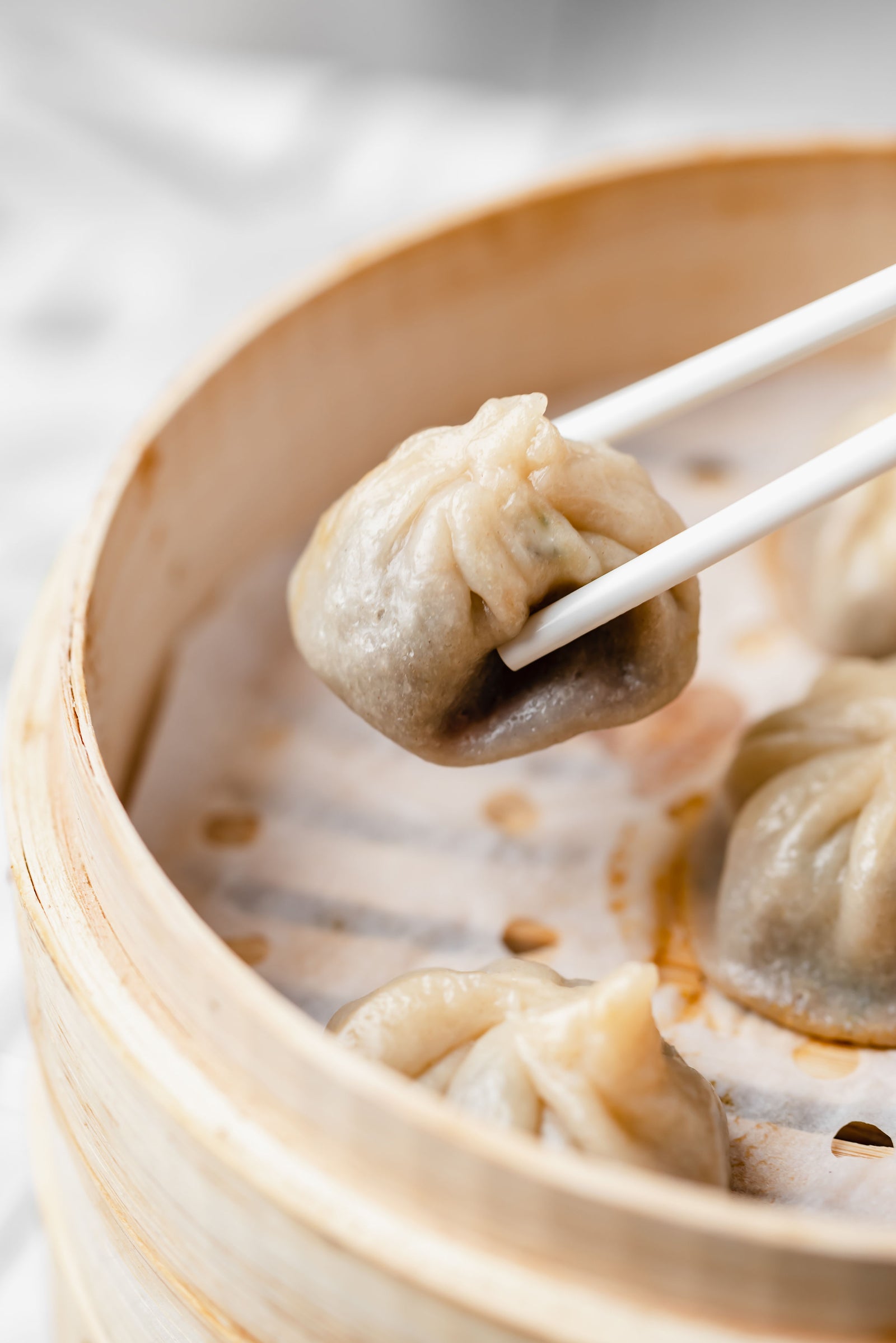 Finished mushroom vegetarian soup dumplings from the bamboo steamer