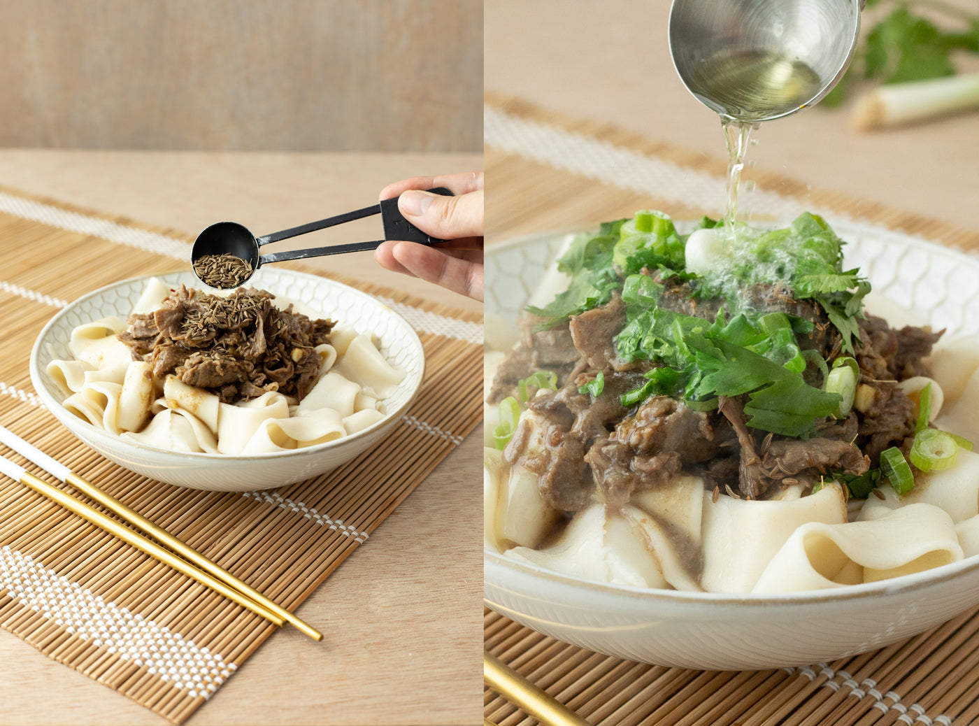 pouring hot oil over biang biang noodles and lamb