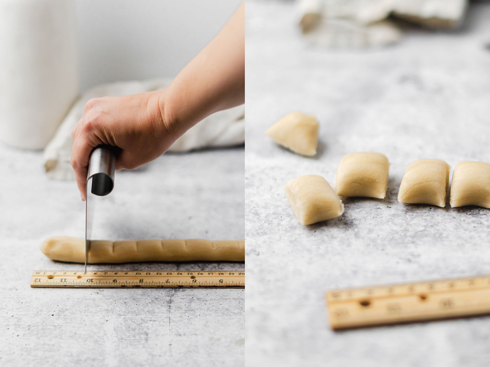 Measuring and cutting dough for chinese soup dumplings