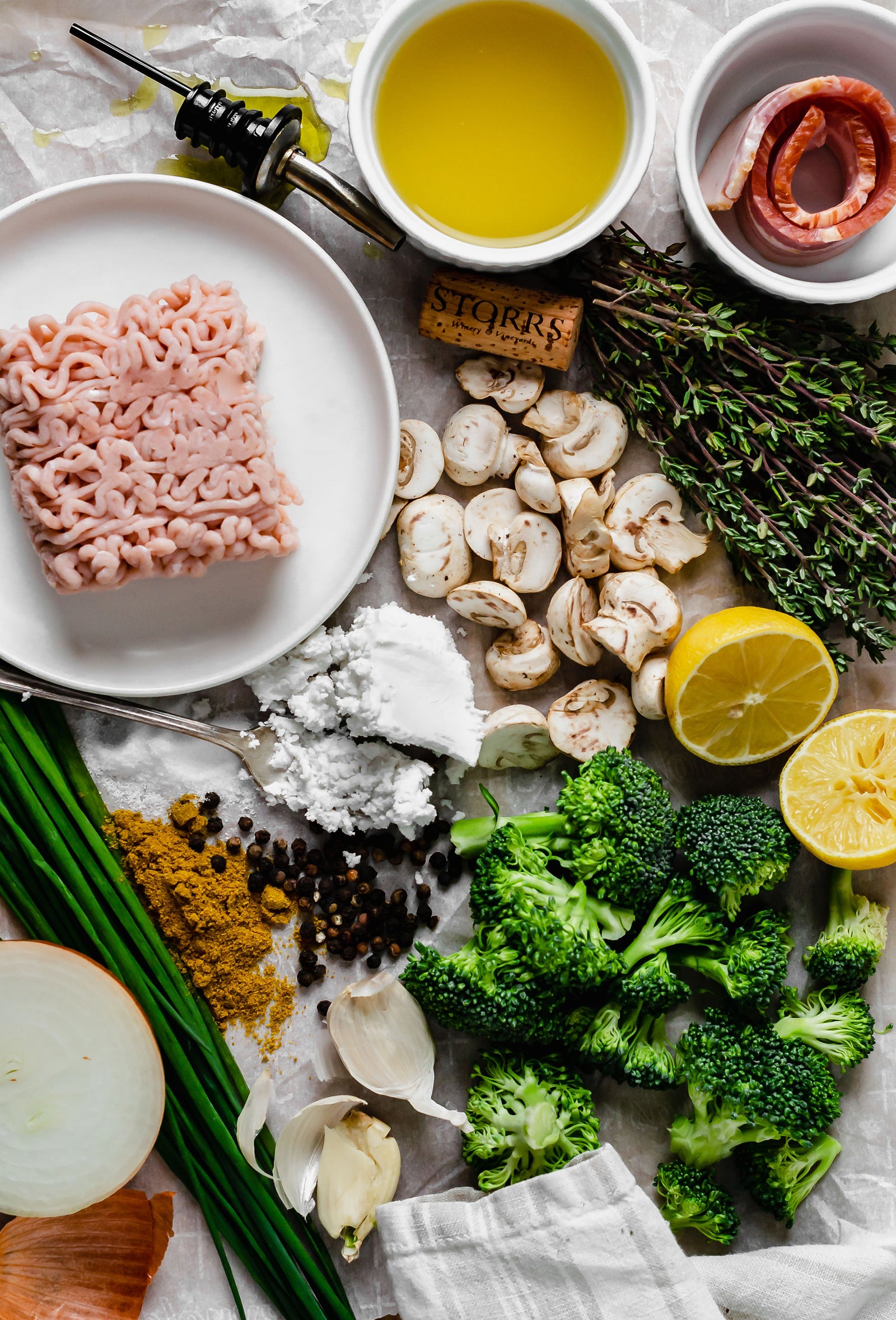 Xiao Long Bao Recipe Ingredients, ground chicken, mushrooms, broccoli, bacon, garlic, and onion 
