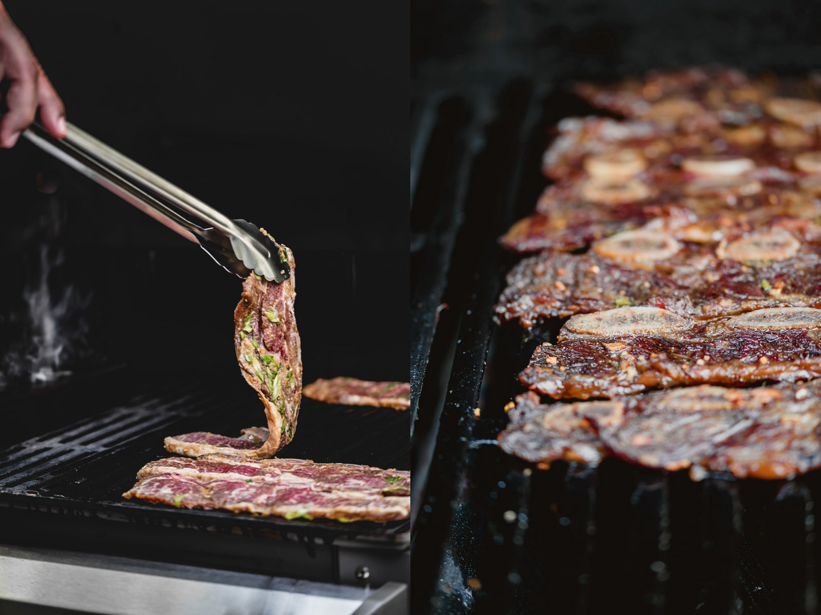 Placing meat on grill to make smoked short ribs