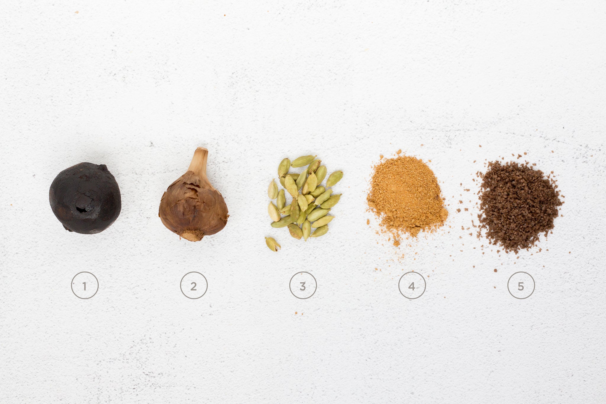 New exotic spices: loomi, black garlic, cardamom pods, garam masala, hickory smoked salt