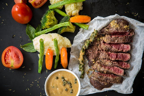 natural protein and carbohydrates from steak and vegetables