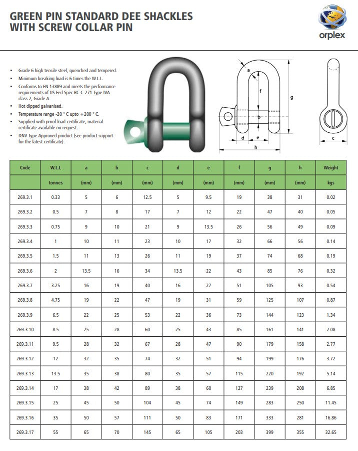 Green Pin Standard DEE Shackles with Screw Collar Pin