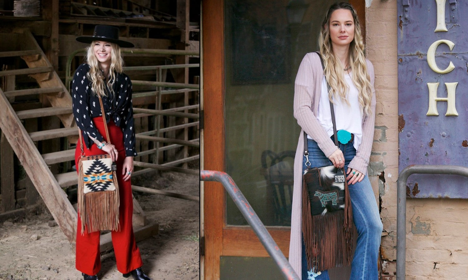 women in western boho fashion with shoulder bag made from cowhide and leather fringe