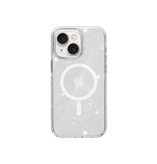 Se iPhone 15 - DeLX&trade; Glitter Silikone Cover M. MagSafe - Sølv hos DeluxeCovers