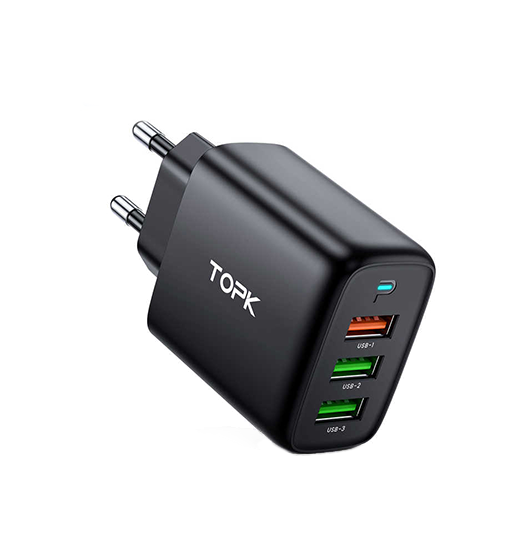 TOPK® | 3-Port USB-A Oplader med Quick Charge 3.0 - 30W - Sort