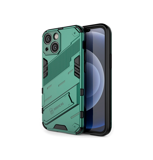 Se iPhone 13 Mini - Eagle&trade; PRZ Stødsikkert Cover M. Kickstand - Emerald / Grøn hos DeluxeCovers