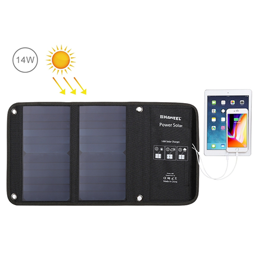 Se Mobil/Tablet - Solcelle oplader med 2 x USB-A 14Watt - Sort/Grå hos DeluxeCovers