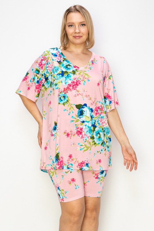 PLUS SIZE V-NECK FLOWER PRINT 2 PIECE SHORTS SET