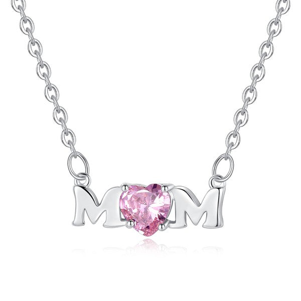 "Mom" Necklace with Pink Cubic Zirconia