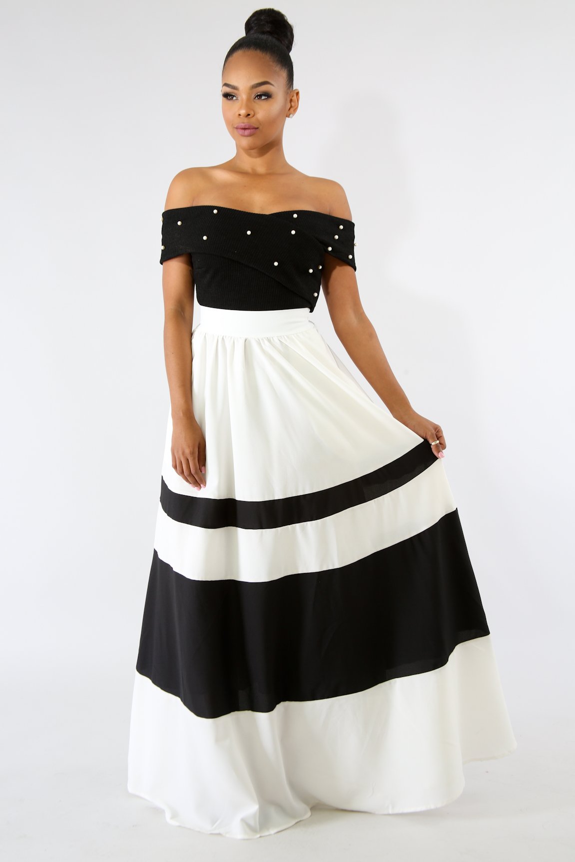 black and white striped maxi skirt