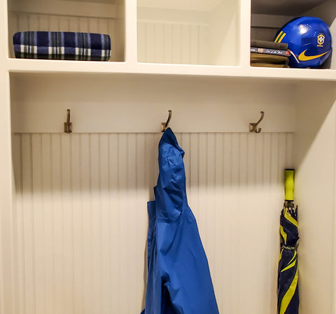 Mudroom with heavy duty coat hooks in satin nickel