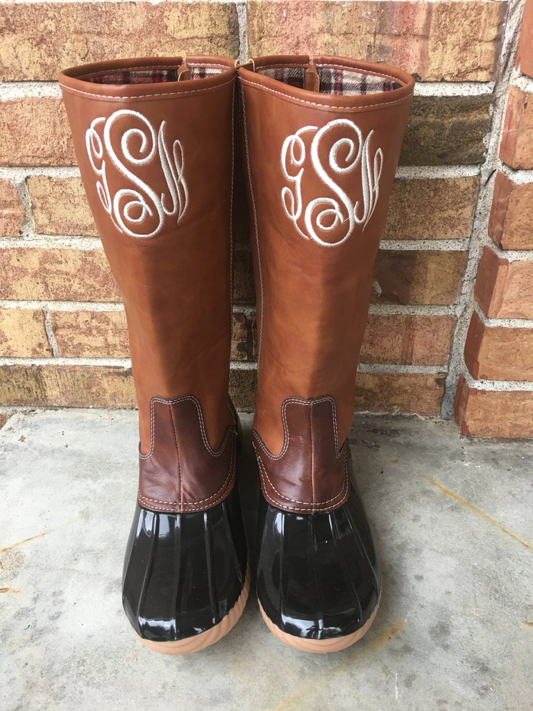 tall duck boots with monogram