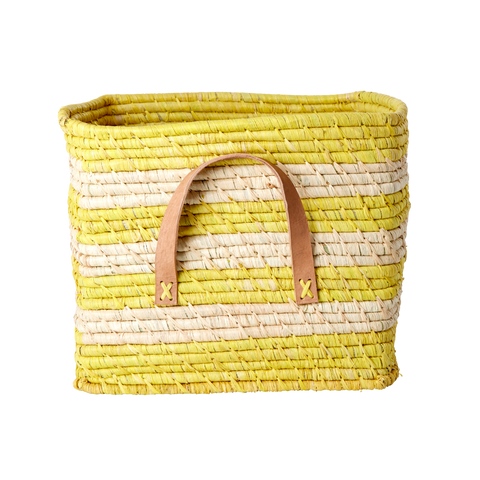 Raffia Square Basket with Yellow Stripes -Leather Handles RRP $115