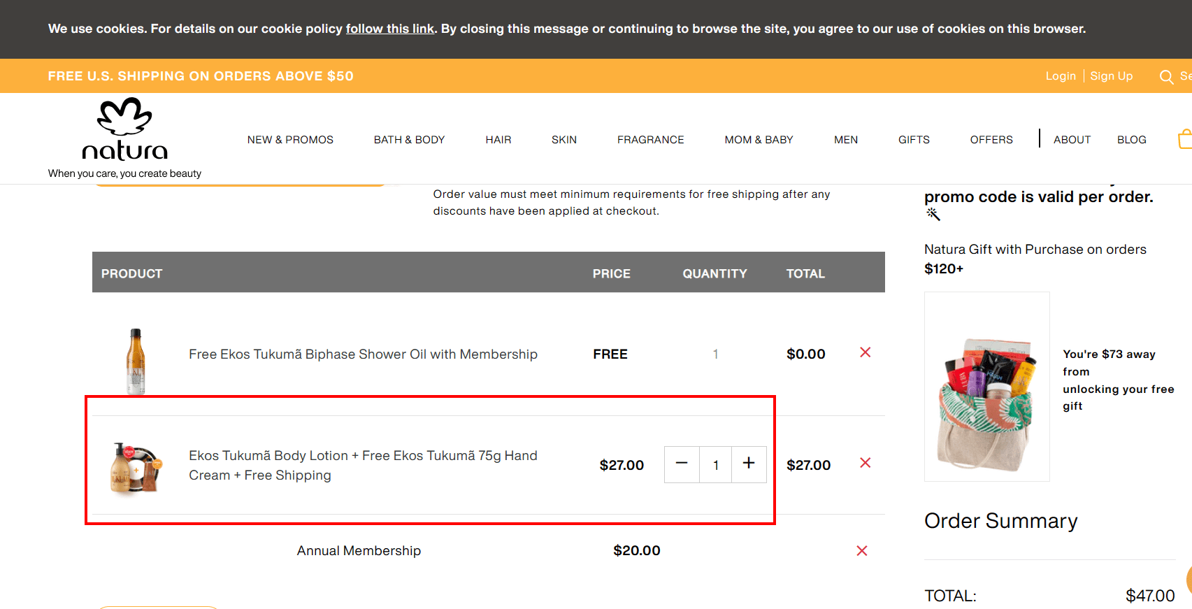 Shopify - Natura checkout page where you can get shipping for free