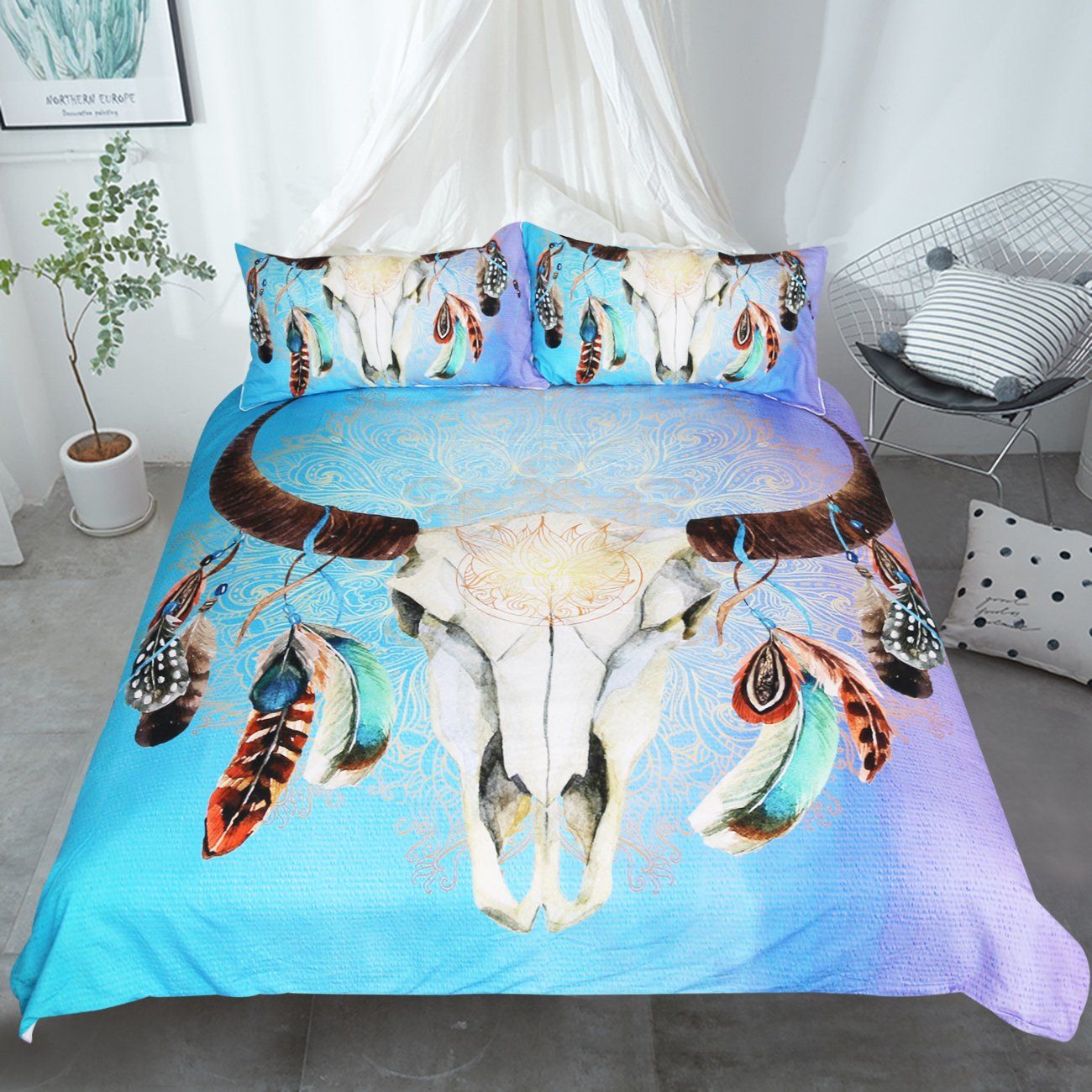 Skull Feather Bedding Set 3pcs Wolvestuff