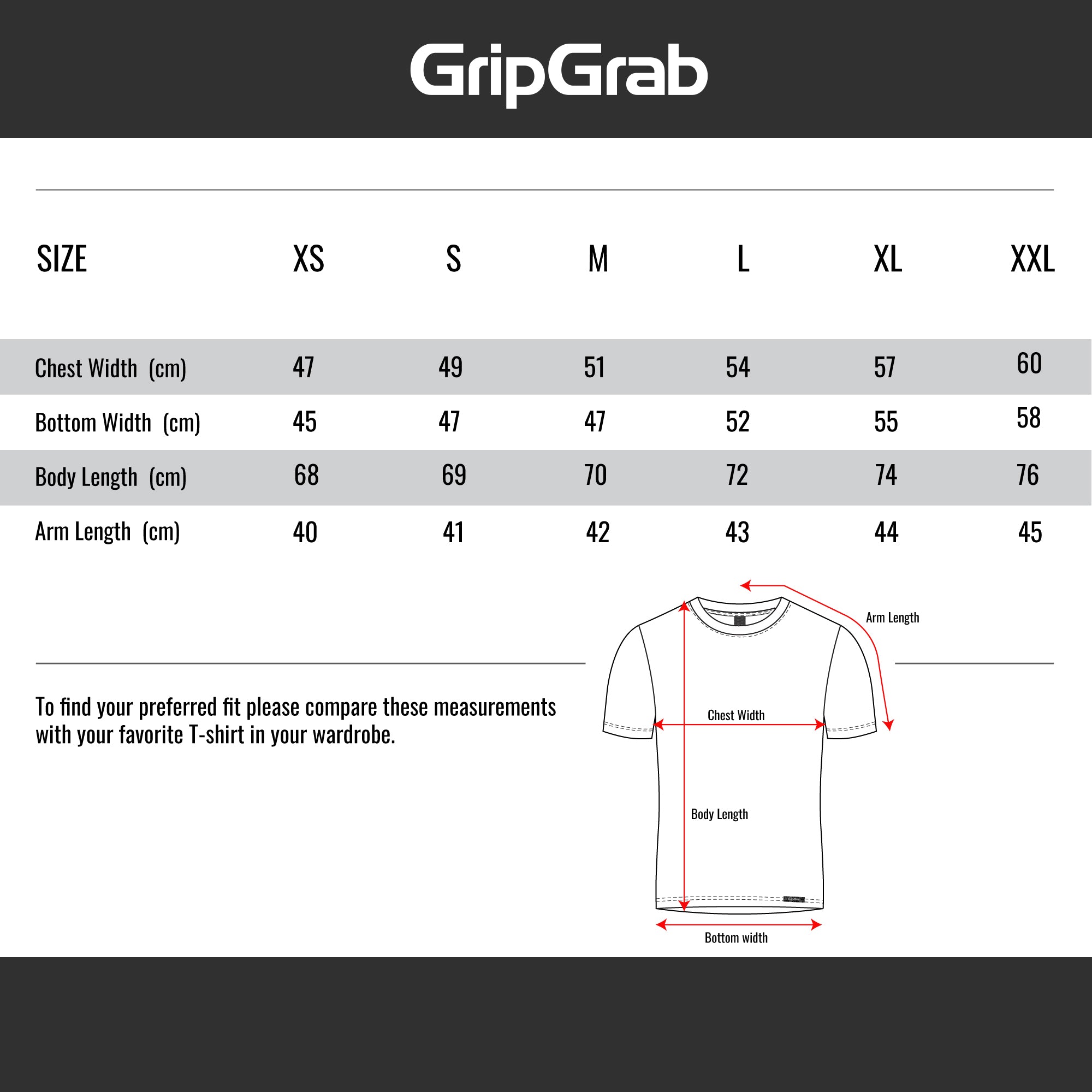 Size Guide tshirt – xxl unisex GripGrab xs