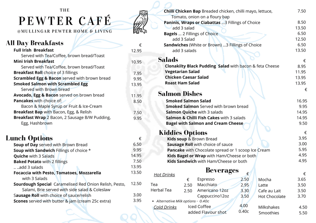 Food menu for the Pewter Cafe at Mullingar Pewter