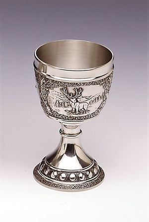 WOODLANDS GOBLET STANDING ABOUT 5 1/2" HIGH AND A BOWL CAPACITY OF 8OZ THIS MAKES A GREAT WINE GOBLET. THE DESIGNS ARE THAT OF IRISH WILDLIFE. FOX STAG AND DUCK CAN BE SEEN WITH A GENERIC DESIGN ON THE FOOT OF THE GOBLET. PEWTER SILVERWARE FINISH