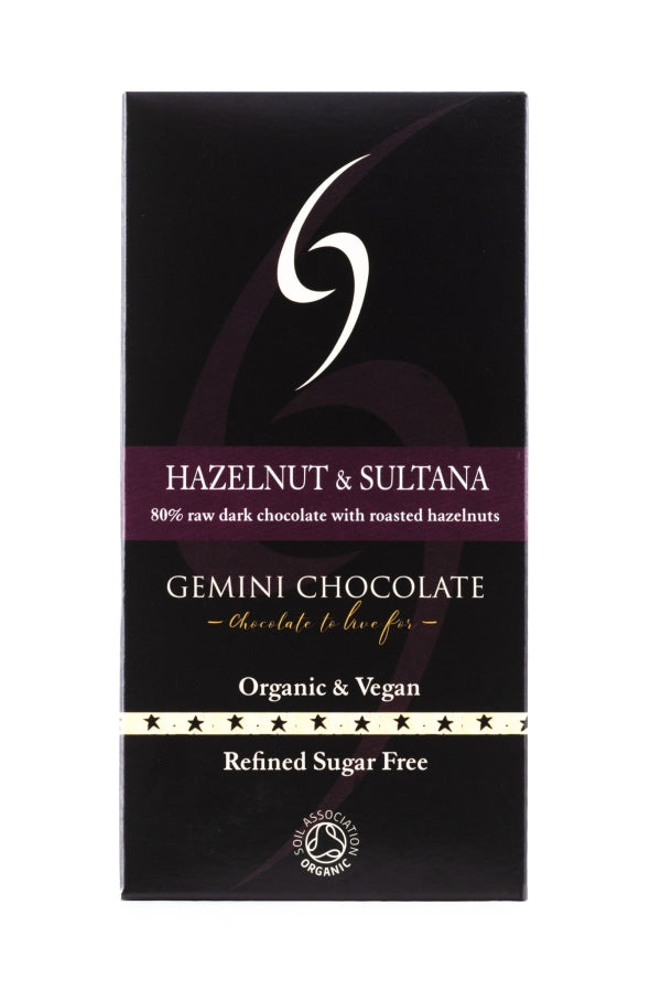 Picture of Gemini Chocolate 80% Dark Chocolate Bar with Hazelnuts and Sultanas 90g