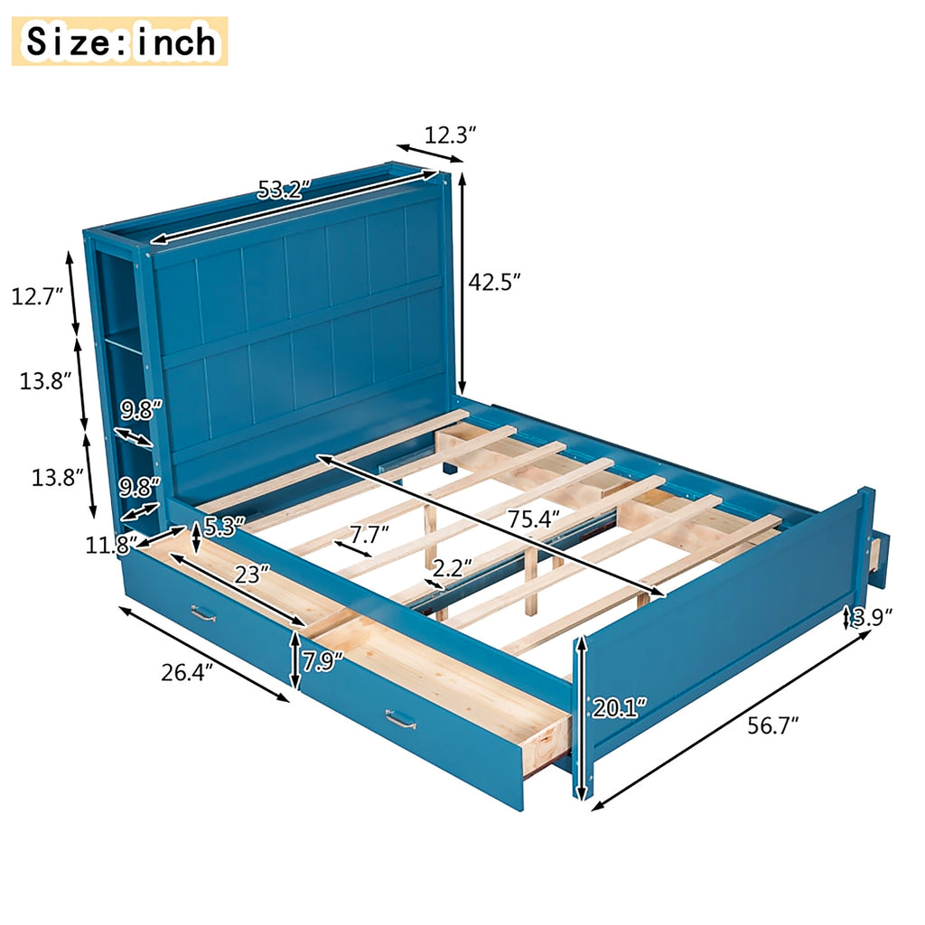 Full Bed Blue Platform Bed with Drawers and Storage