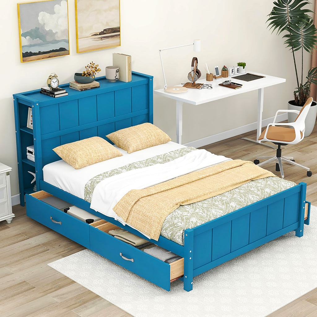 Full Bed Blue Platform Bed with Drawers and Storage