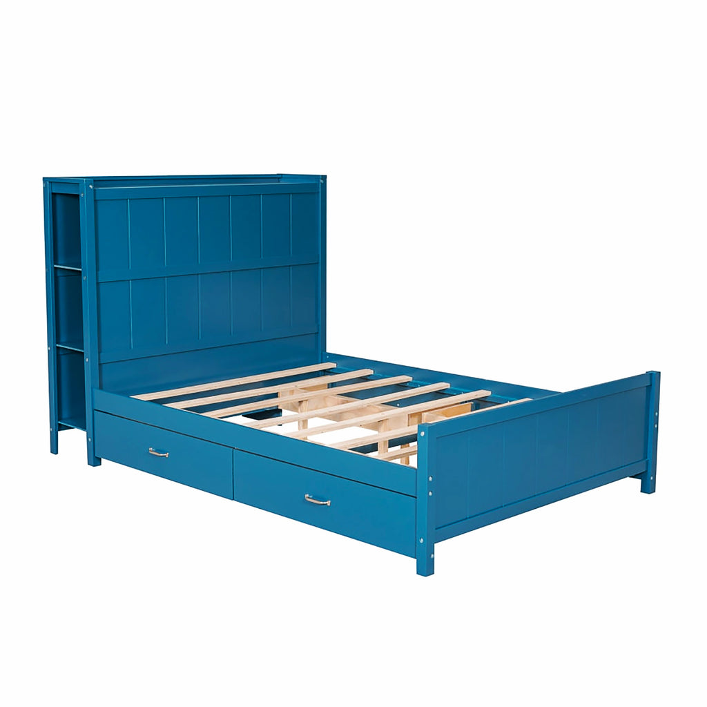 Full Bed Blue Platform Bed with Drawers and Storage