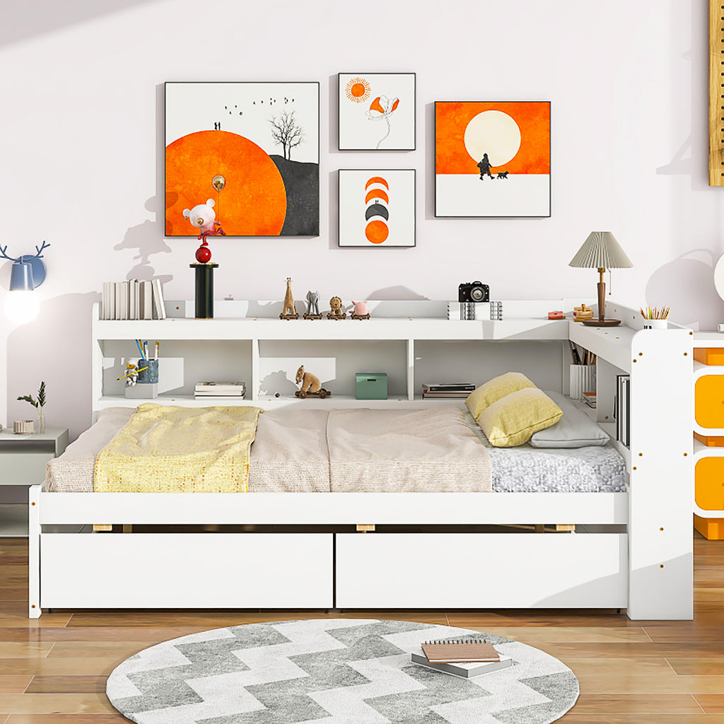 Full Bed With White L Shaped Bookcases