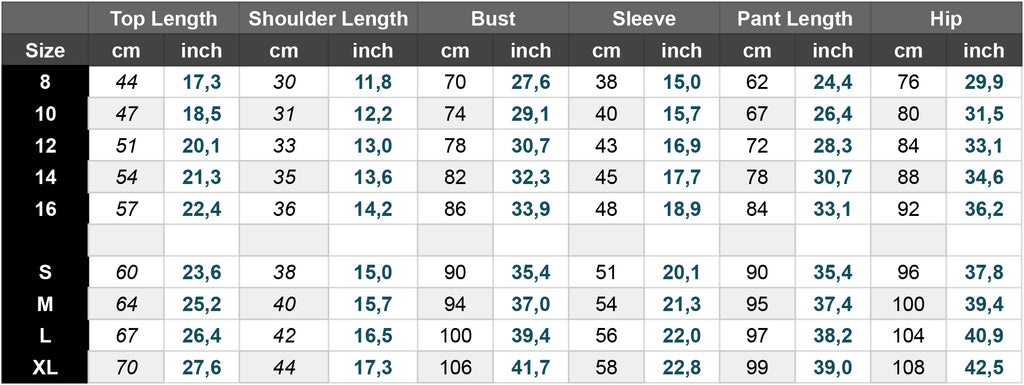 Pajamas Size Chart